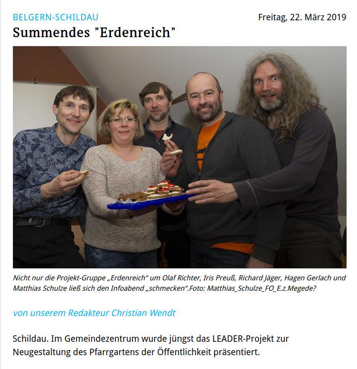 Bereits im März 2019 stellt sich die Projektgruppe Garten Erdenreich vor. Die Torgauer Zeitung bringt einen ersten größeren Beitrag zum Projekt